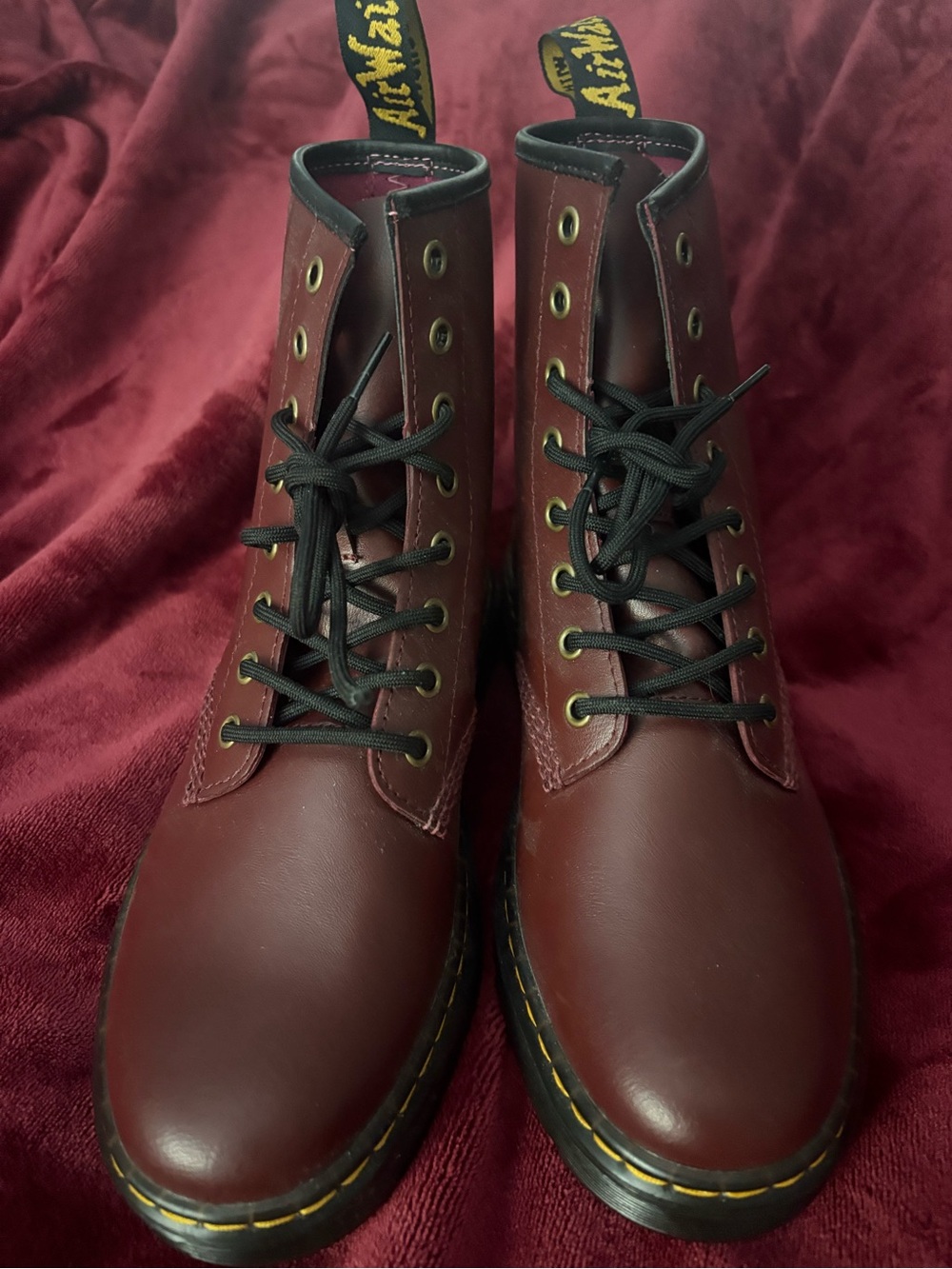 Dr. Martens Unisex Burgundy Leather Lace-Up Boots with Yellow Stitching